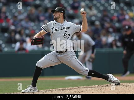 Cleveland, USA. 21st Apr, 2022. Cleveland Guardians Austin Hedges (17)  shakes hands with closer Emmanuel Clase (48) after defeating the Chicago  White Sox at Progressive Field in Cleveland, Ohio on Thursday, April