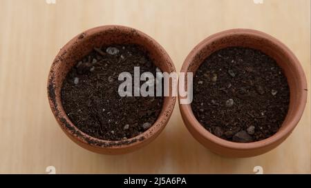 Potting mix has been placed in two small terracotta pots waiting for some seeds or seedlings. Stock Photo