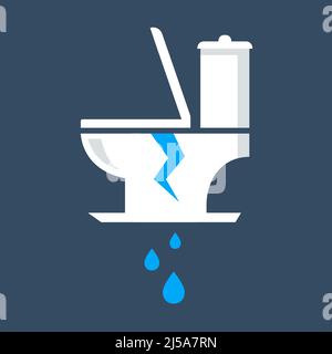 a broken broken toilet from which water flows. flat vector illustration. Stock Vector