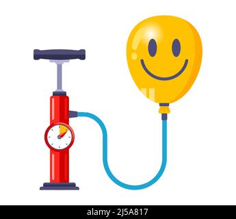 the air pump inflates the yellow balloon. inflation device. flat vector illustration. Stock Vector