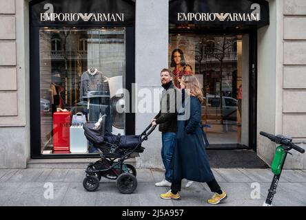 Madrid, Spain. 26th Mar, 2022. Pedestrians walk past the Italian fashion brand Emporio Armani store in Spain. Credit: SOPA Images Limited/Alamy Live News Stock Photo