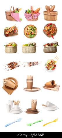 Set of items for picnic on white background Stock Photo