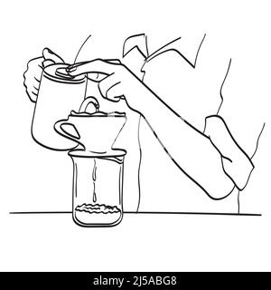 closeup male barista standing at the counter with hand drip coffee set in coffee shop illustration vector hand drawn isolated on white background line Stock Vector