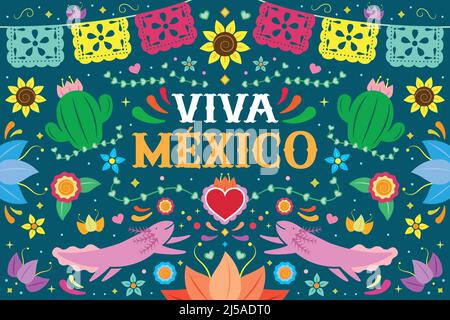 Mexican culture colorful background design with axolotls and flowers Stock Vector