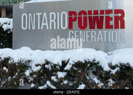 Toronto, ON, Canada - January 08, 2021: View at sign of Ontario Power Generation at head office in Toronto in winter. OPG is a Crown corporation respo Stock Photo