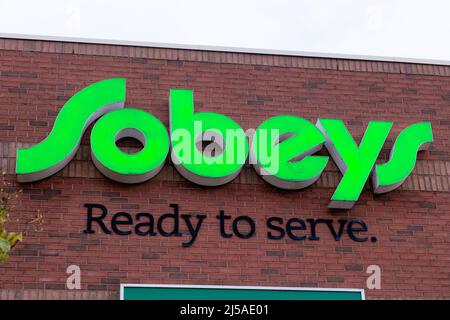 Toronto,ON, Canada - July 3, 2021: he logo and brand sign on Canadian retail business Sobeys grocery store in Toronto Stock Photo