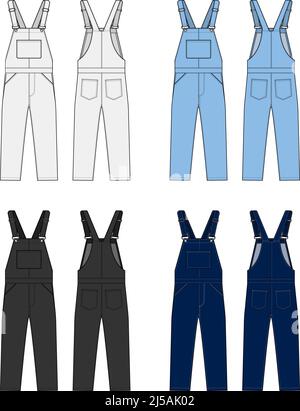 Denim overall jumpsuit vector template illustration set Stock Vector