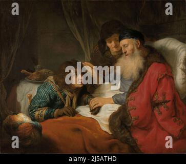 Netherlands: ‘Isaac Blessing Jacob’. Oil on canvas painting by Govert Flinck (25 January 1615 - 2 February 1660), 1638.  In a famous scene from the Hebrew Bible, or Christian Old Testament, Isaac, the only son of Abraham and Sarah, blesses his younger son Jacob from his deathbed.  Now Isaac is old and blind, and thinks he is blessing his elder son, Esau. Jacob has covered his hands in goatskin in imitation of his hirsute brother Esau to trick his father. Jacob’s mother, Rebecca, looks on anxiously. She is an accomplice to Jacob’s scheme. Stock Photo