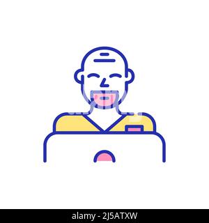 Young professional nurse. Smiling man working and learning at laptop. Pixel perfect, editable stroke fun color icon Stock Vector