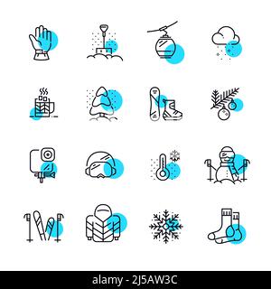 Winter mountain vacation symbols set. Recreational sports, cold temperature and warm clothes. Pixel perfect, editable stroke geometric icons Stock Vector