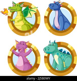Set of different cute dragons cartoon illustration Stock Vector