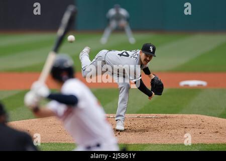 CLEVELAND, OH - APRIL 21: Chicago White Sox designated hitter Eloy Jimenez  (74) bats during an MLB game against the Cleveland Guardians on April 21,  2022 at Progressive Field in Cleveland, Ohio. (