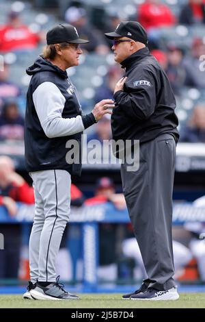 CLEVELAND, OH - APRIL 21: Chicago White Sox designated hitter Eloy Jimenez  (74) bats during an MLB game against the Cleveland Guardians on April 21,  2022 at Progressive Field in Cleveland, Ohio. (