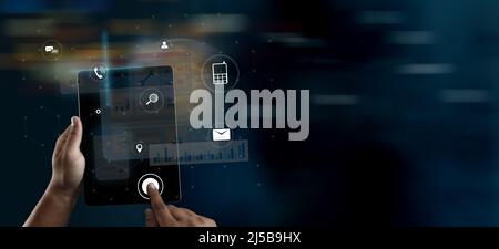 man use Smart home technology interface on smartphone app  internet of things (IOT) at home Stock Photo