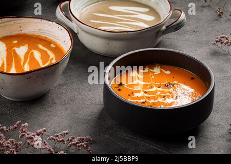 Bowls of different cream soup  Stock Photo
