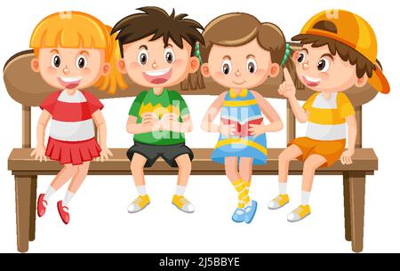 Children sitting on a wooden bench illustration Stock Vector