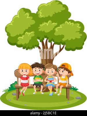 Children sitting on a wooden bench illustration Stock Vector