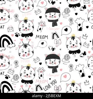 Seamless pattern with cats. Cute kittens in hat and scarf, with crown and heart, sleeping on white background with rainbows, cat toys and paws. Vector Stock Vector