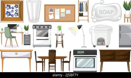 Furniture and household appliances on white background illustration Stock Vector