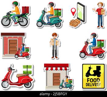 Sticker set of delivery objects and cartoon characters illustration Stock Vector