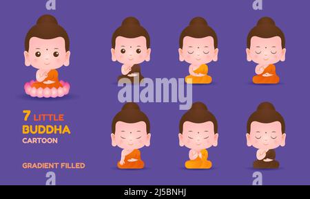 Little buddha cartoon character meditation gradient filled vector set illustration Stock Vector