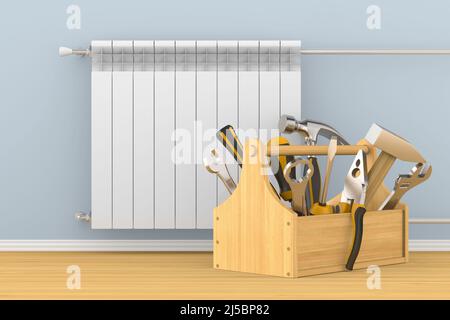 heating radiator and toolbox with tools on wall. 3D illustration Stock Photo