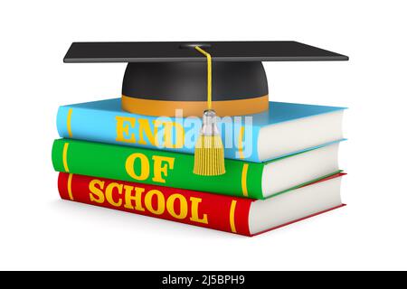 End of school. Graduation cap and pile books on white background. Isolated 3D illustration Stock Photo