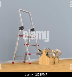 ladder and toolbox with tools in room. 3D illustration Stock Photo