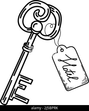 Vintage hotel key, hand-drawn doodle style. Decorative key. Icon. Simple vector illustration Stock Vector