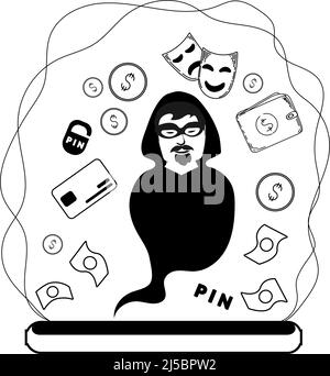 Fraudulent phone call concept, phone fraud. Bank card, open password for scammers. Game, cheating. Doodle style vector illustration Stock Vector