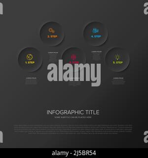 Vector dark multipurpose Infographic template with five circle elements options steps. Multipurpose Infochart with modern colors. Infographic with rel Stock Vector