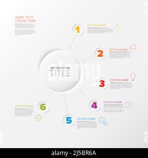 Infographic report template for six steps or options, made from circle relief elements with big numbers descriptions and icons Stock Vector