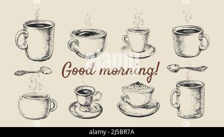 Coffe Cup Mug Set. Spoon. Hand Drawn Sketch Coffee Vector Illustration. Good morning. Breakfast. Cafe. Stock Vector