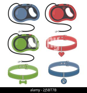 A set of accessories for dogs and cats, a collar with a medallion and a tape measure leash. Isolated vector illustration Stock Vector
