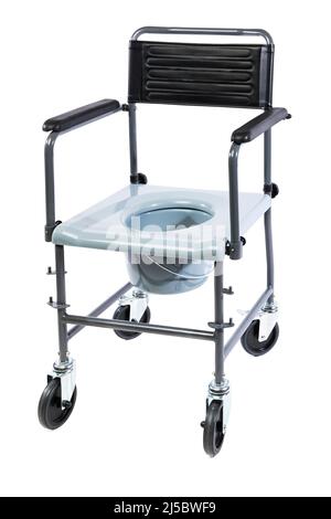 Commode toilet chair with wheels, seat and cap of bowl removed, isolated on white background Stock Photo