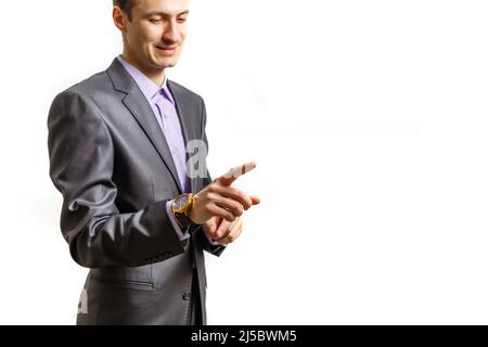 people, business and gesture concept - close up of man pointing finger to to something Stock Photo