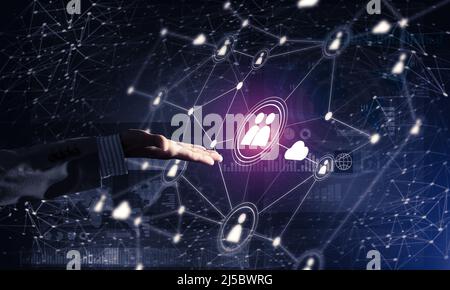 Presenting modern wireless technologies as means of communucation and networking on dark background Stock Photo