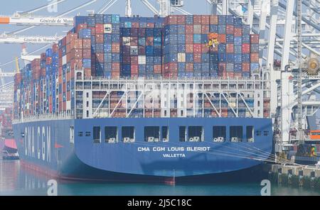 Illustration of container ship arrives at the Port of Le Havre in Le Havre, France, on April 20, 2022. Photo by Francis Petit/ABACAPRESS.COM Stock Photo