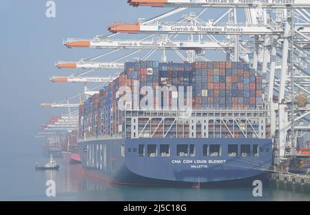 Illustration of container ship arrives at the Port of Le Havre in Le Havre, France, on April 20, 2022. Photo by Francis Petit/ABACAPRESS.COM Stock Photo