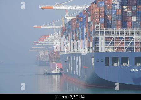 Illustration of container ship arrives at the Port of Le Havre in Le Havre, France, on April 20, 2022. Photo by Francis Petit/ABACAPRESS.COM Stock Photo