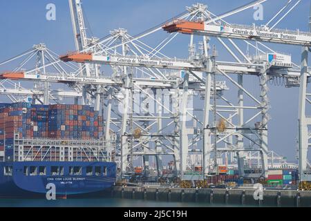 Illustration of container ship arrives at the Port of Le Havre in Le Havre, France, on April 20, 2022. Photo by Francis Petit/ABACAPRESS.COM Stock Photo