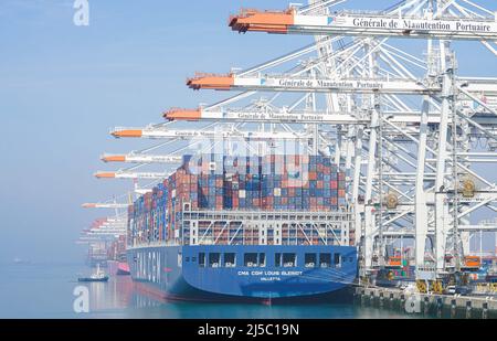 Illustration of container ship arrives at the Port of Le Havre in Le Havre, France, on April 20, 2022. Photo by Francis Petit/ABACAPRESS.COM Stock Photo