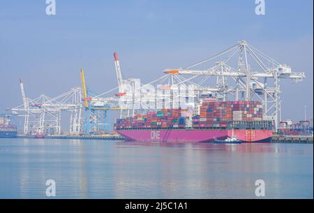 Illustration of container ship arrives at the Port of Le Havre in Le Havre, France, on April 20, 2022. Photo by Francis Petit/ABACAPRESS.COM Stock Photo