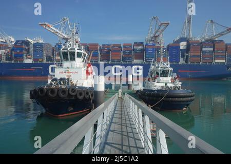 Illustration of container ship arrives at the Port of Le Havre in Le Havre, France, on April 20, 2022. Photo by Francis Petit/ABACAPRESS.COM Stock Photo