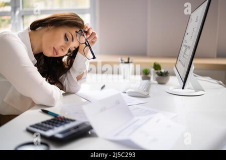 Stressed Tired Business Accountant Woman. Lazy Sad Worker Stock Photo