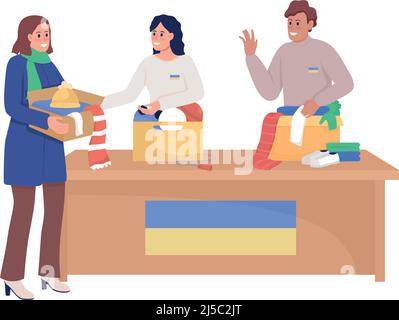 Volunteers collecting clothes for refugees semi flat color vector characters Stock Vector