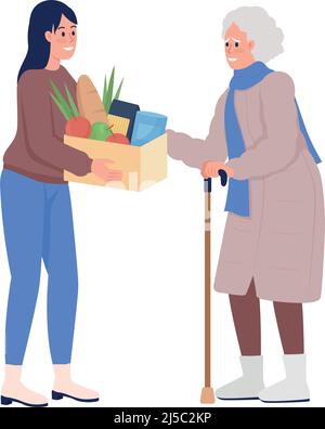 Old woman expressing thankfulness to volunteer semi flat color vector characters Stock Vector