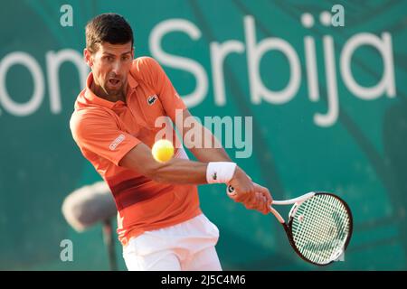 Belgrade, Serbia, 20th April 2022. Novak Djokovic of Serbia returns against Laslo Djere of Serbia during the day three of Serbia Open ATP 250 Tournament at Novak Tennis Centre in Belgrade, Serbia. April 20, 2022. Credit: Nikola Krstic/Alamy Stock Photo