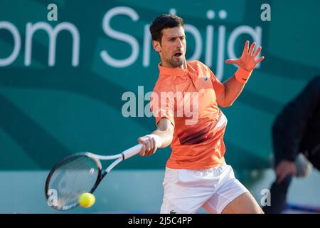 Belgrade, Serbia, 20th April 2022. Novak Djokovic of Serbia returns against Laslo Djere of Serbia during the day three of Serbia Open ATP 250 Tournament at Novak Tennis Centre in Belgrade, Serbia. April 20, 2022. Credit: Nikola Krstic/Alamy Stock Photo