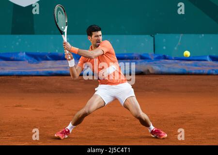 Belgrade, Serbia, 20th April 2022. Novak Djokovic of Serbia returns against Laslo Djere of Serbia during the day three of Serbia Open ATP 250 Tournament at Novak Tennis Centre in Belgrade, Serbia. April 20, 2022. Credit: Nikola Krstic/Alamy Stock Photo